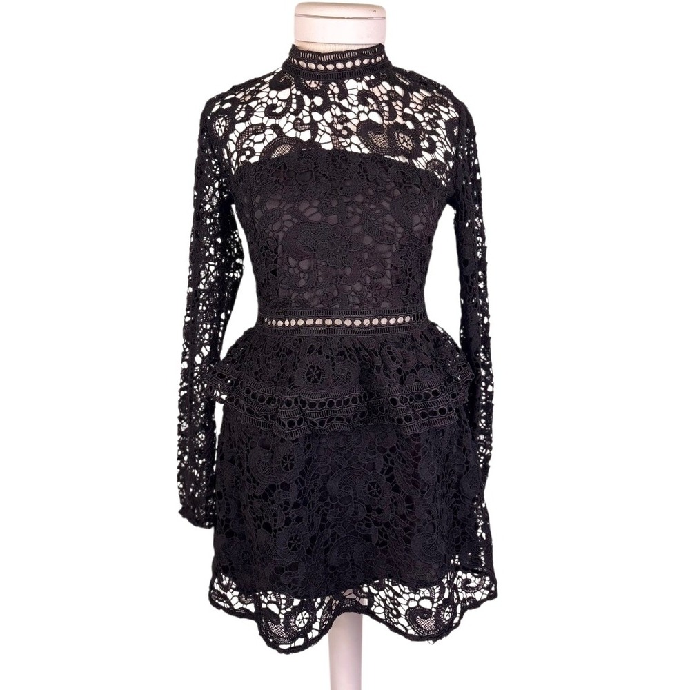 DO+BE Black Floral Lace Peplum Mini Dress M Long Sleeve Goth Vamp Dark Academia